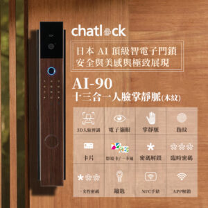 日本Chatlock電子鎖 AI-90 木紋款｜人臉辨識 / 掌靜脈 / 電子貓眼 / 指紋 / APP解鎖開門