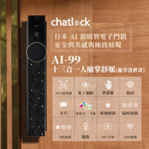 日本Chatlock電子鎖 AI-99 施華洛世奇｜人臉辨識 / 掌靜脈 / 電子貓眼 / 指紋 / APP解鎖開門